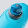 Close up blue nozzle display from reusable Hydrapak brand slim easy-hold collapsible 1 liter stow hydration bottle.