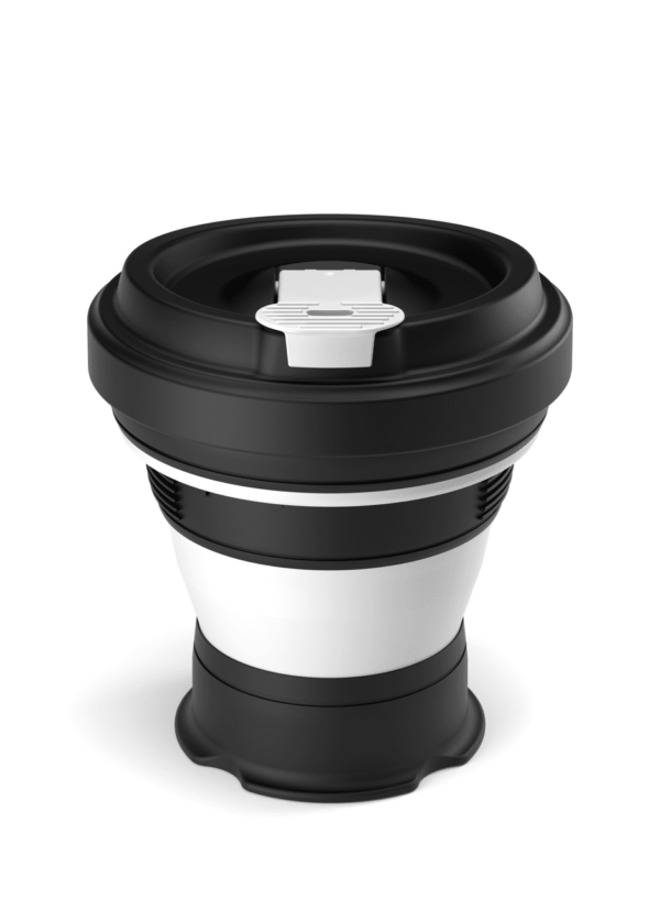 Pokito brand black and white striped collapsible and recyclable pocket-sized cup partially extended.