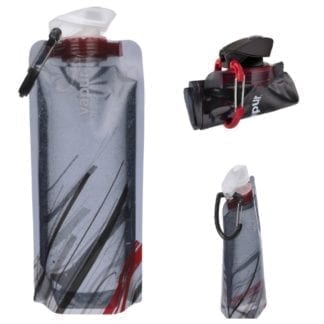 Vapur brand wide mouth foldable .7 liter water bottle in grey and red; reusable, freezable, and attachable via carabiner