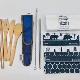 On the go kit includes 2 reusable velcro bags for sandwiches and snacks, bamboo utensils with carrying case, stainless steel straw with cleaning brush, and organic cotton multi-use clothes