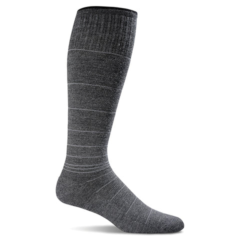 Sustainable, USA-made men's travel compression socks in charcoal grey stripe from Sockwell