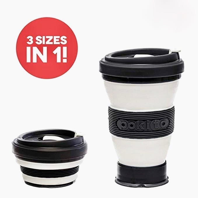 Pokito brand black and white recyclable pocket sized cup fully extended as well as collapsed.