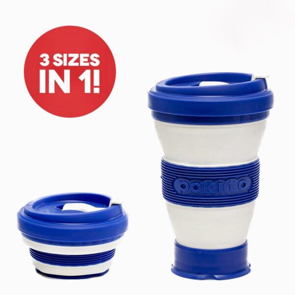 Eco friendly Pokito brand blue and white recyclable pocket-sized cup fully extended as well as collapsed.