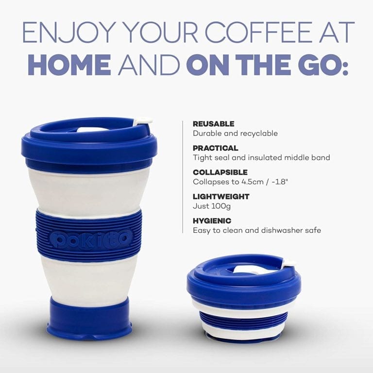 Pokito brand blue and white recyclable pocket-sized cup is reusable, collapsible, lightweight, and hygienic.