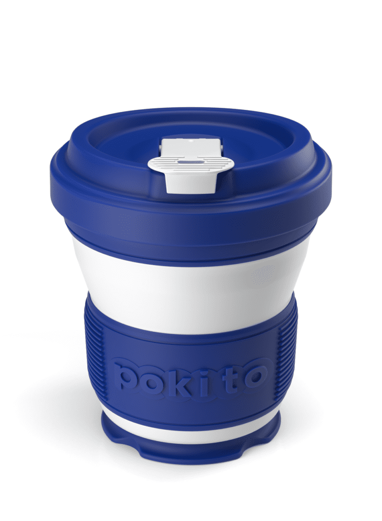 Pokito brand blue and white striped collapsible and reusable pocket-sized cup partially extended.