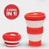 Pokito brand red and white striped pocket-sized cup shown fully extended as well as collapsed.