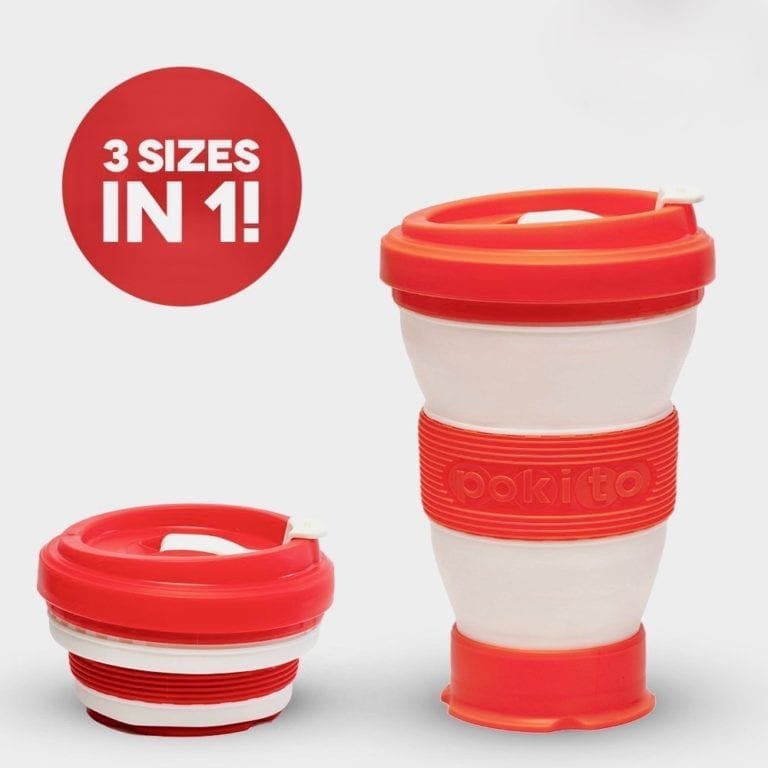Pokito brand red and white striped pocket-sized cup shown fully extended as well as collapsed.