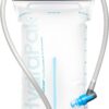 Close up product display of environmentally friendly reusable Hydrapak brand durable shape shift 2 liter clear hydration reservoir with clear hose and drinking nozzle in grey and blue.