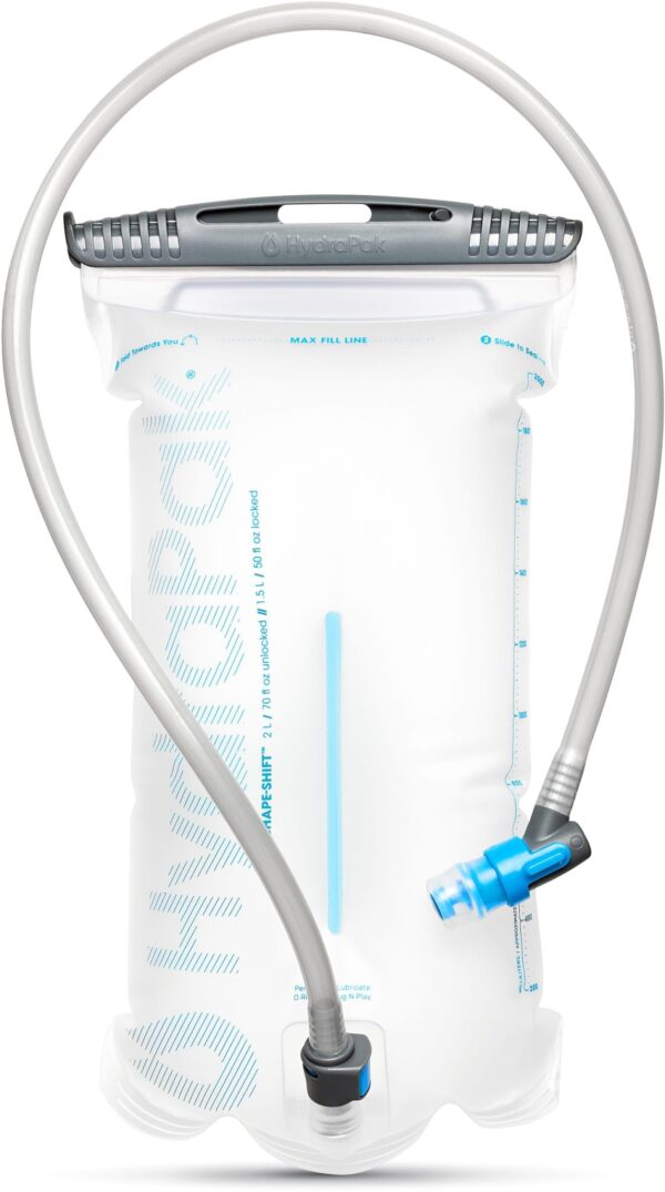 Close up product display of environmentally friendly reusable Hydrapak brand durable shape shift 2 liter clear hydration reservoir with clear hose and drinking nozzle in grey and blue.