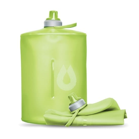 Product display of BPA free Hydrapak brand slim easy-hold collapsible green 1 liter stow hydration bottle vertically displayed next to fully collapsed display.