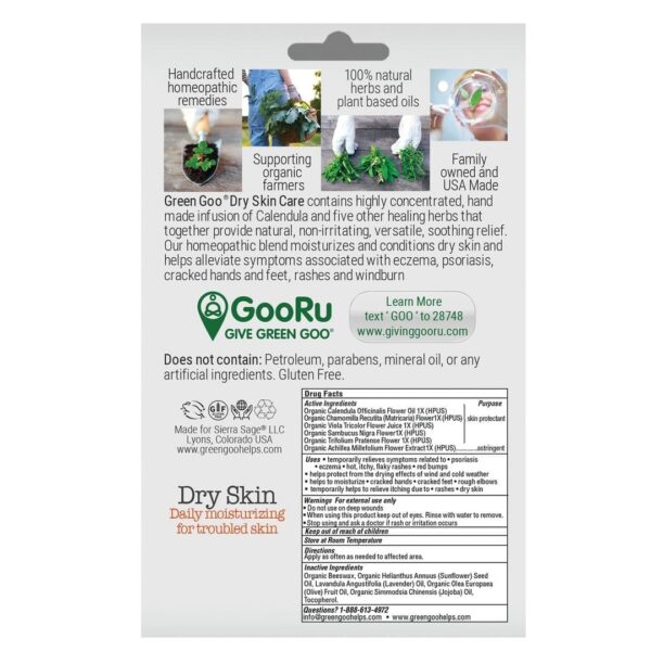 Backside of packaging with ingredients and drug facts listed for Green Goo brand all natural homeopathic dry skin balm.