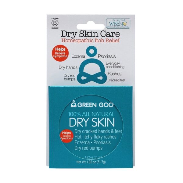 Front side of white and blue recyclable packaging with symptoms listed for Green Goo brand all natural homeopathic dry skin balm.  Circle cut out in packaging to show the blue labeled round tin container for skin balm.