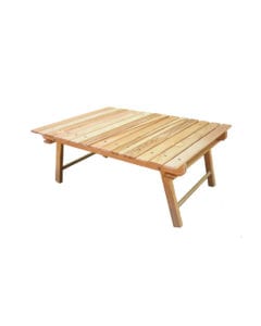 Earth friendly Blue Ridge Chairs brand American ash foldable Carolina snack table in ready to use position.