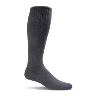 Profile product display for Sockwell brand Circulator Moderate mens graduated compression sock in charcoal black.  Sockwell brand products are made in the USA with locally sourced sustainable materials.