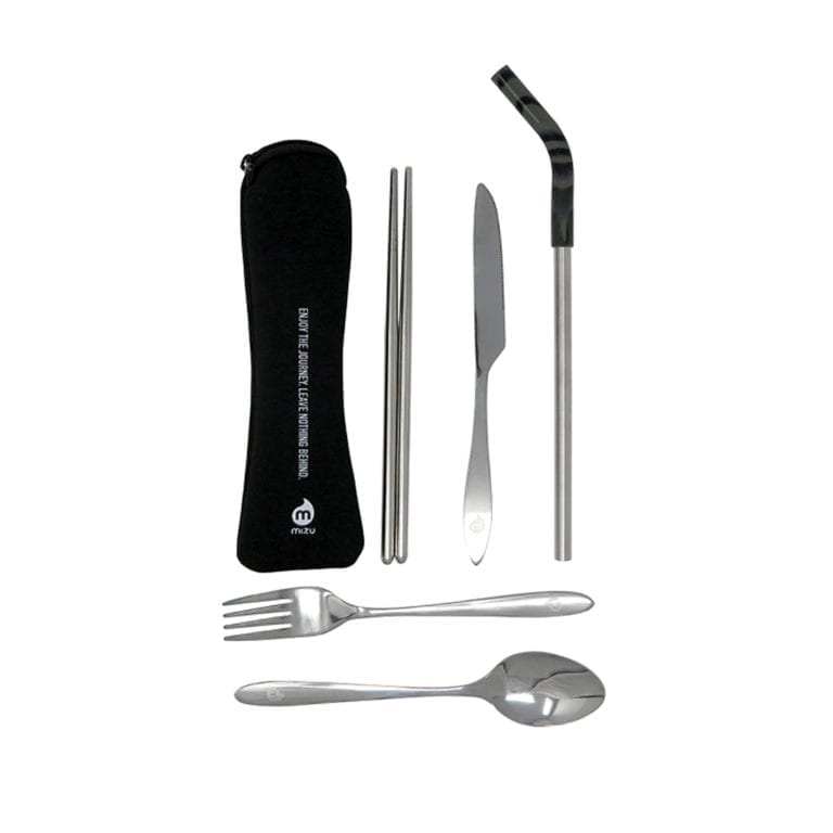 Mizu brand stainless steel reusable cutlery set with fork, spoon, knife, chopsticks, and drinking straw; comes in a zip top neoprene pouch