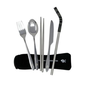 Mizu brand stainless steel reusable cutlery set with fork, spoon, knife, chopsticks, and drinking straw; comes in a zip top neoprene pouch