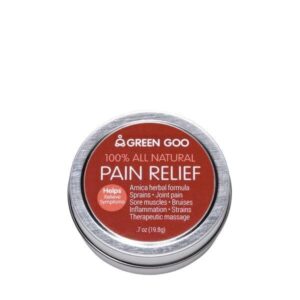 Sustainable Green Goo brand all natural herbal arnica pain relief in reusable round tin container with red label.