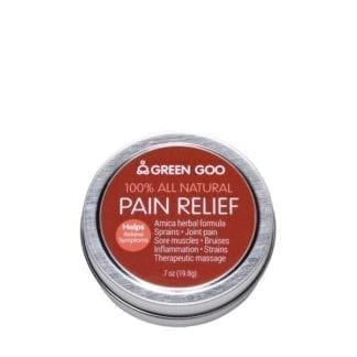 Sustainable Green Goo brand all natural herbal arnica pain relief in reusable round tin container with red label.