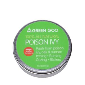 Sustainable Green Goo brand all natural homeopathic poison ivy relief in reusable round tin container with light green label.