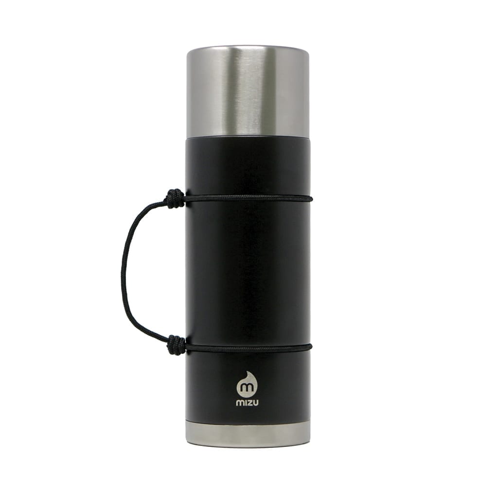 Mizu brand 33 ounce insulated stainless steel bottle in matte black; has a copper lining and vacuum sealed cap for increased thermal retention