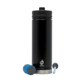 Mizu brand wide mouth stainless steel water bottle in matte black; comes with reusable straw and water purifier