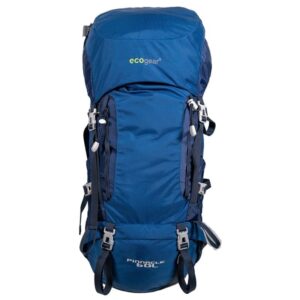 Front side display of eco friendly sustainable EcoGear Products brand recycled plastic Pinnacle 60 liter blue Hiking backpack featuring several adjustable straps and zippers.