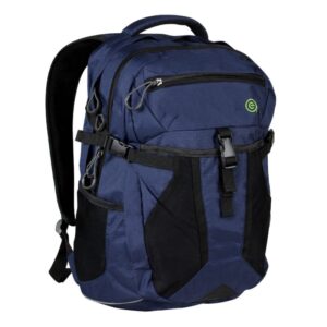 Side angle product display of sustainable eco friendly EcoGear Products brand recycled plastic navy blue and black Bighorn 17 liter backpack with various pockets and compartments for storage.