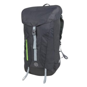 Product display of sustainable EcoGear Products brand recycled plastic grey Darter Backpack with flip top buckle closure and small neon zipper compartment.