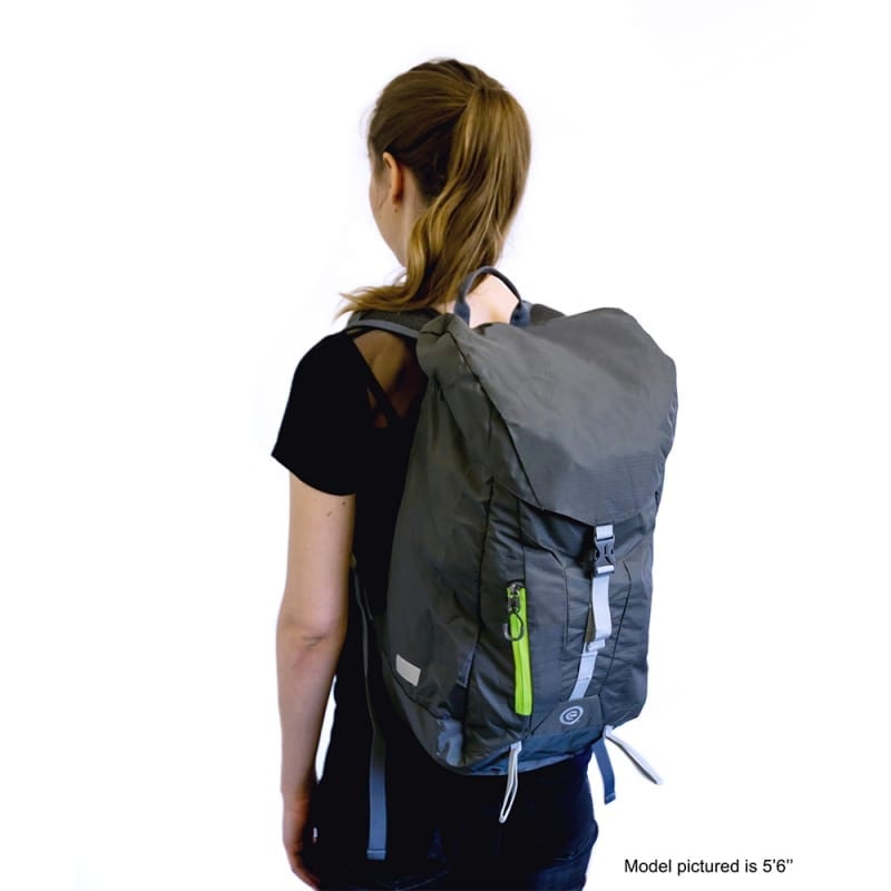 Female with long brown hair in pony tail facing away from camera to show off eco friendly EcoGear Products brand recycled plastic grey Darter Backpack.