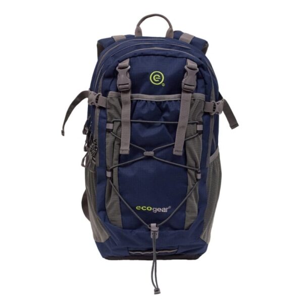 Product display of sustainable EcoGear Products brand recycled plastic navy blue and grey Grizzly Backpack with multiple zipper pockets, two side mesh pockets, and adjustable straps.