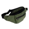 Sustainable EcoGear Products brand recycled plastic green skipper hip pack with two zipper pockets that are both in open position with black waist strap visible.
