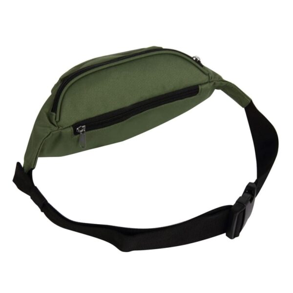 Rear view of sustainable EcoGear Products brand recycled plastic green skipper hip pack with small secret zipper pocket.