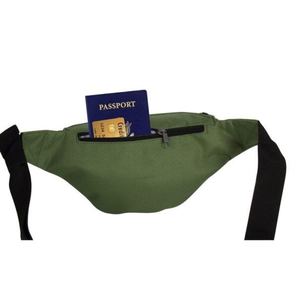 Rear view of sustainable EcoGear Products brand recycled plastic green skipper hip pack with small secret zipper pocket pictured with passport and credit card poking out of pocket.
