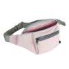 Sustainable EcoGear Products brand recycled plastic pink skipper hip pack with two zipper pockets that are both in open position with black waist strap visible.