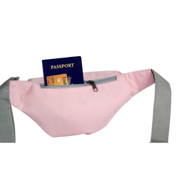 Rear view of sustainable EcoGear Products brand recycled plastic pink skipper hip pack with small secret zipper pocket pictured with passport and credit card poking out of pocket.