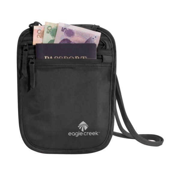 Eco friendly Eagle Creek brand black natural silk undercover neck wallet with passport and money pictured inside zip pocket