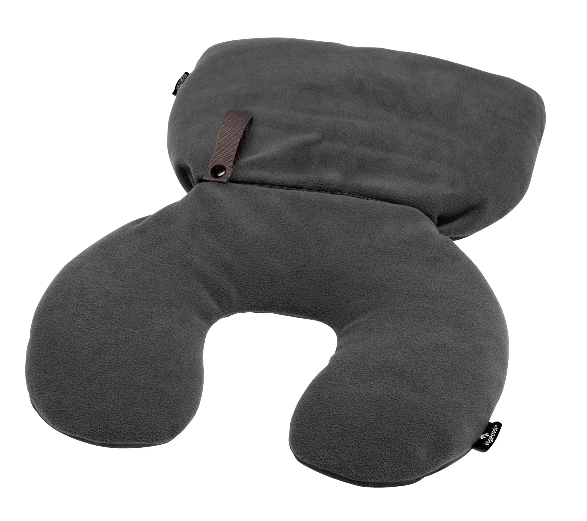 Eco friendly Eagle Creek brand grey versatile 2-in-1 travel pillow with neck roll and pillow.
