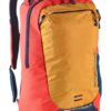 Front side angle view of eco friendly Eagle Creek brand 30 liter Wayfinder Lightweight PVC free backpack in sahara yellow.