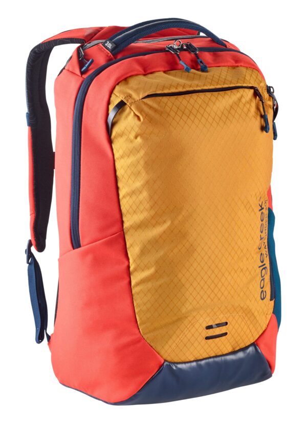 Front side angle view of eco friendly Eagle Creek brand 30 liter Wayfinder Lightweight PVC free backpack in sahara yellow.