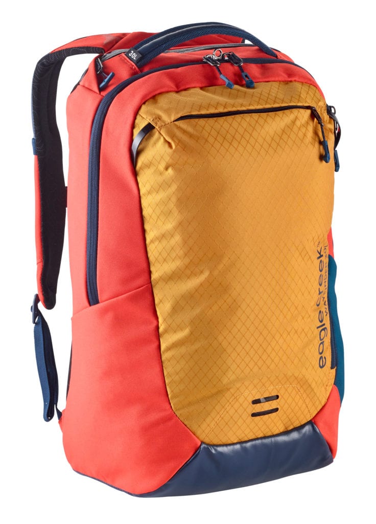 Front side angle view of eco friendly Eagle Creek brand 30 liter Wayfinder Lightweight PVC free backpack in sahara yellow.