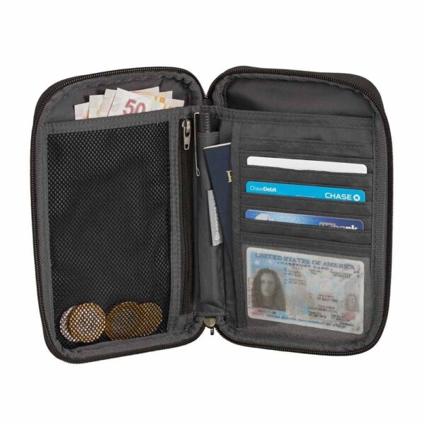 Interior display of unzipped eco friendly Eagle Creek brand black RFID Secure travel zip organizer