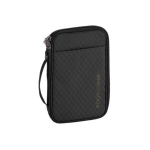 Front side of eco friendly Eagle Creek brand black RFID Secure travel zip organizer