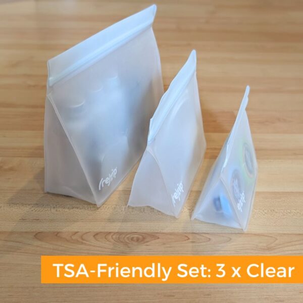 Side view of set of three, TSA friendly travel toiletry bags for sustainable travel