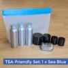 Display of travel toiletry container set with leak-proof TSA-compliant quart bag