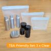 Display of 3 leak-proof, clear silicone bags for TSA compliant travel toiletry set for sustainable travel