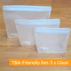 Set of 3 clear, silicone, leak-proof bags for sustainable travel in TSA compliant sizes