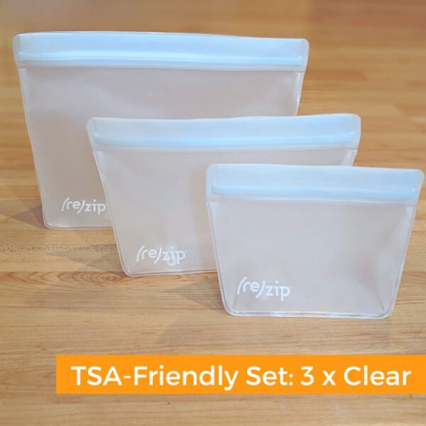 Set of 3 clear, silicone, leak-proof bags for sustainable travel in TSA compliant sizes