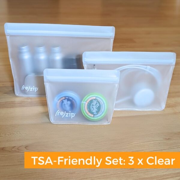 Sample view of packing set of 3 clear, leak-proof toiletry container set travel bags