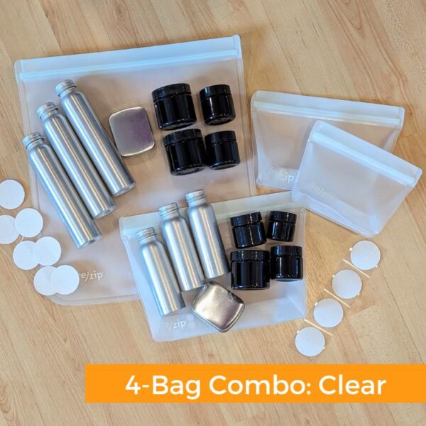 Reusable, leak-proof travel toiletry container sets in two sizes