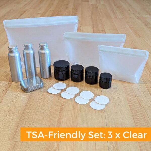 TSA-friendly travel toiletry container set with 3 leakproof bags, aluminum bottles and recycled jars